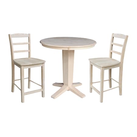 International Concepts 36 in. Solid Wood Round Top Pedestal Dining Table with 2 Counter Height Stools, Unfinished K-36RT-23B-S402-2